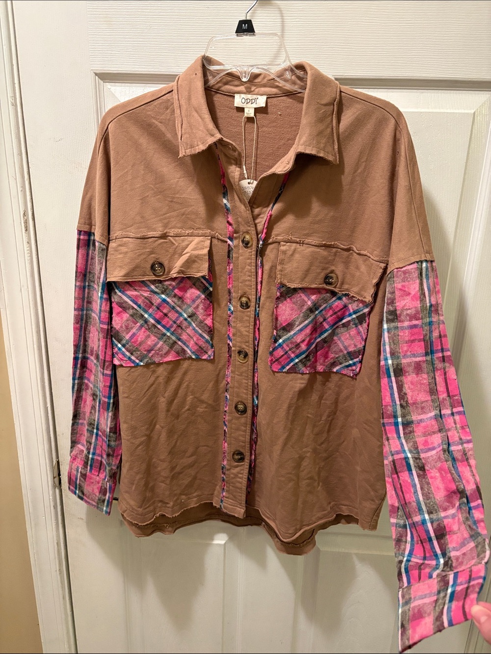 Oddi mocha brown with washed plaid sleeves and plaid pockets button top